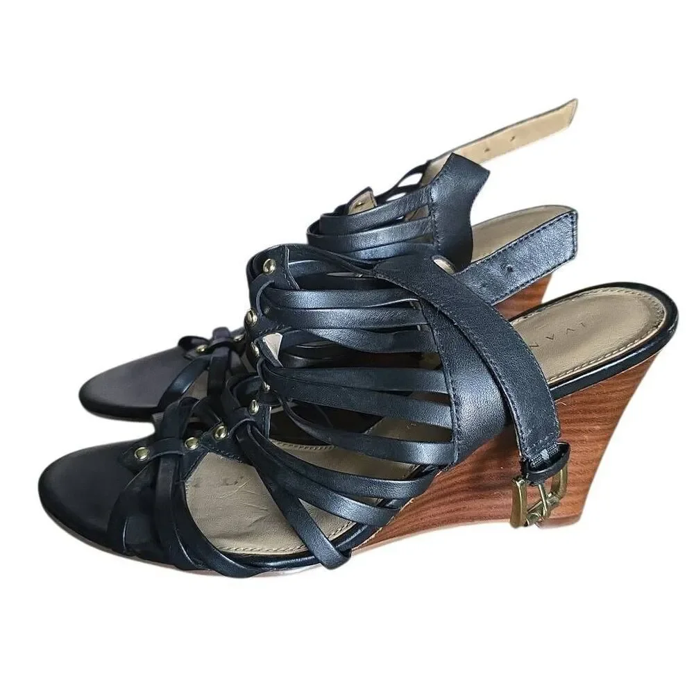 Ivanka Trump Women's Size 6.5 Strappy Black Gold Studded Wooden Wedges